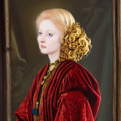 Image similar to blonde victorian princess, hyperrealism, concept art, jan van eyck