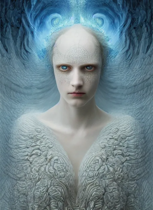 Image similar to Her huge ominous glowing blue eyes staring into my soul , perfect eyes, soft pale white skin, intricate stunning highly detailed, agostino arrivabene, Tomasz strzalkowski, twisted dark lucid dream, 8k portrait render, raven angel wings, swirling thick smoke , beautiful lighting, dark fantasy art, cgsociety