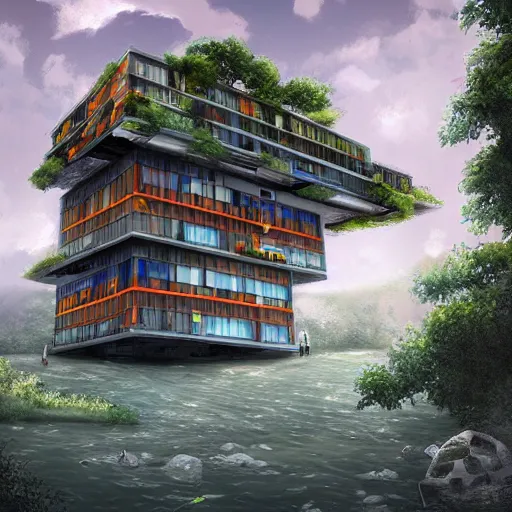 Image similar to cuboid sci-fi building next to a river and houses, sense of hope, daytime, digital art, art station, extremely detailed