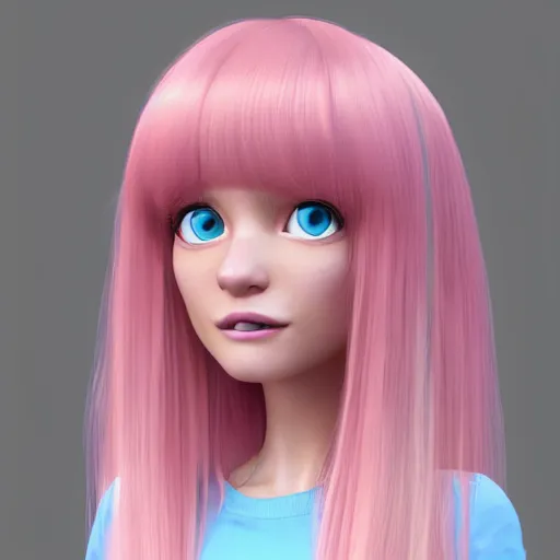 Image similar to A portrait of Nikki from Shining Nikki, a cute 3d cgi toon young woman with long pink hair, full bangs, hazel eyes, full face, light makeup, pale skin, Chinese, medium shot, mid-shot, soft focus, 4k, trending on artstation, as a Pixar character,