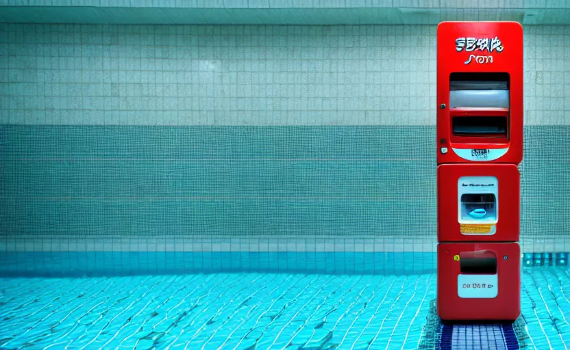 Image similar to photograph of Japanese vending machine submerged in a public pool, one point perspective, 1-point perspective, tilt shift, sigma 85mm f/1.4, 4k, depth of field, high resolution, 4k, 8k, hd, full color