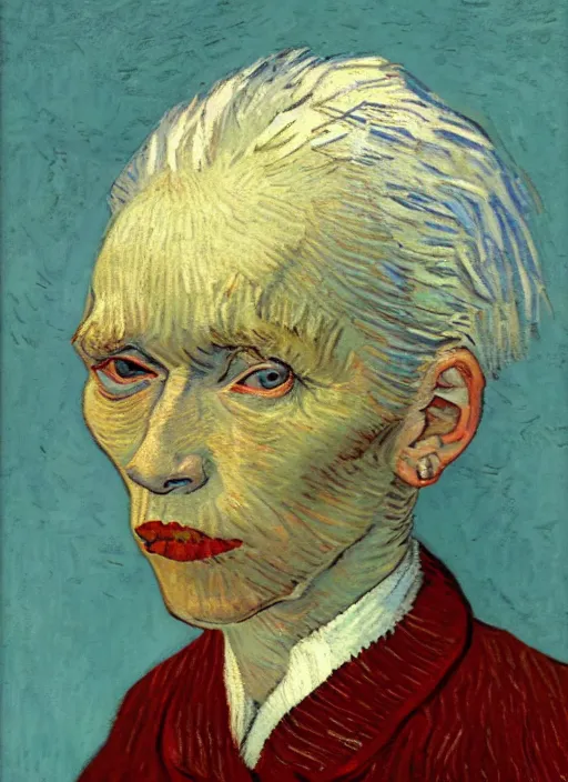 Image similar to portrait of a tired old woman with white hair by van gogh, detailed face, symmetrical painting, beautiful expressionist oil painting masterpiece, 8 k resolution, smooth, sharp focus, pastel color palette, trending on artstation