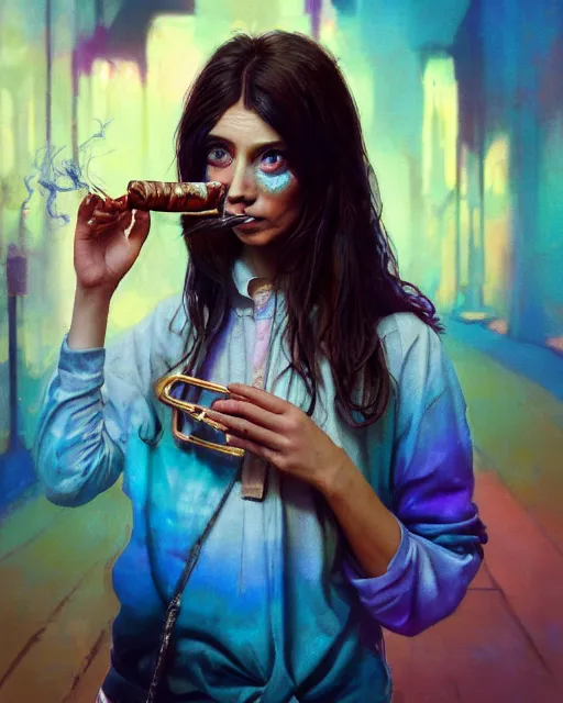 Image similar to portrait of a brunette in tie - dye, smoking a vintage tobacco pipe | highly detailed | very intricate | symmetrical | professional model | cinematic lighting | award - winning | painted by mandy jurgens and jesper elsing and rhads and tyler edlin | pan futurism, dystopian, bold colors, cyberpunk, anime aesthestic | featured on artstation