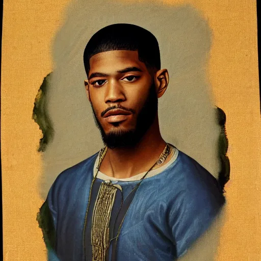 Image similar to a renaissance style portrait painting of kid cudi