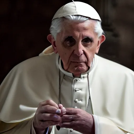 Image similar to pope benedict wearing sith cloak as chancelor palpatine in star wars episode 3, 8 k resolution, cinematic lighting, anatomically correct