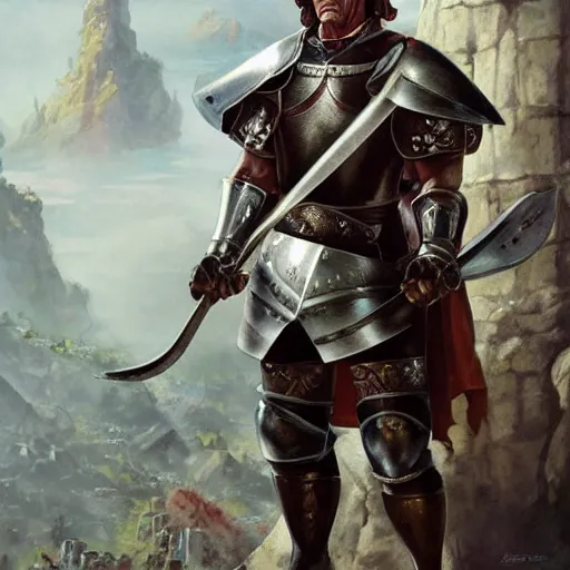 Image similar to arnold schwarzenegger as a medieval knight, holding rapier, fantasy, intricate, elegant, artstation, concept art, smooth, sharp focus by huang guangjian and gil elvgren and sachin teng