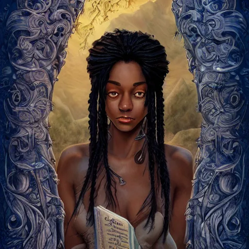 Prompt: happy 19th birthday, cover of a magnificent fantasy book by Neil Gaiman, portrait of a beautiful black hair girl, trending on artstation, highly detailed