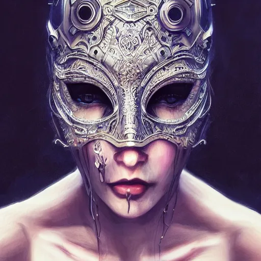 Image similar to Very very very very highly detailed epic photo of face with venetian mask, intricate, dystopian, sci-fi, extremely detailed, digital painting, artstation, concept art, smooth, sharp focus, illustration, intimidating lighting, incredible art by Artgerm