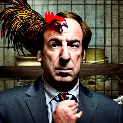 Image similar to saul goodman and a rooster in a medieval torture chamber, saw blades and knives in the background, horror movie, saul goodman face, rooster!!!!, real life photo, highly detailed face