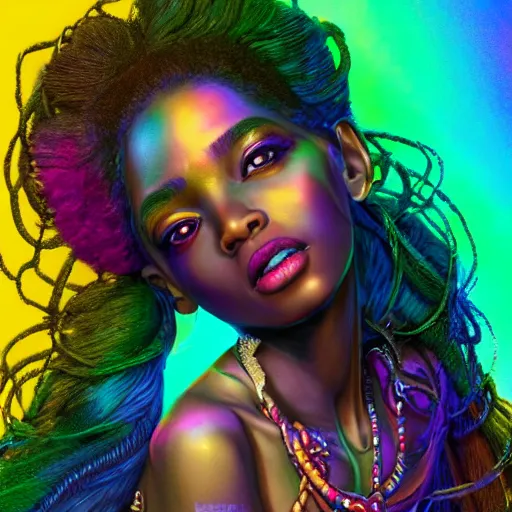 Prompt: the portrait of the absurdly beautiful, graceful, elegant, gorgeous, sensual young black girl goddess made of intense rainbow soul spirits flying, an ultrafine hyperdetailed photograph by kim jung gi, irakli nadar, intricate linework, bright colors, octopath traveler, final fantasy, unreal engine 5 highly rendered, global illumination, radiant light, intricate environment