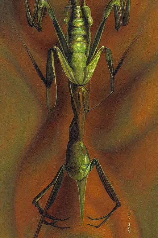 Prompt: portrait of a praying mantis alien, by giancola, very detailed art, elegant, sophisticated, high resolution, smooth