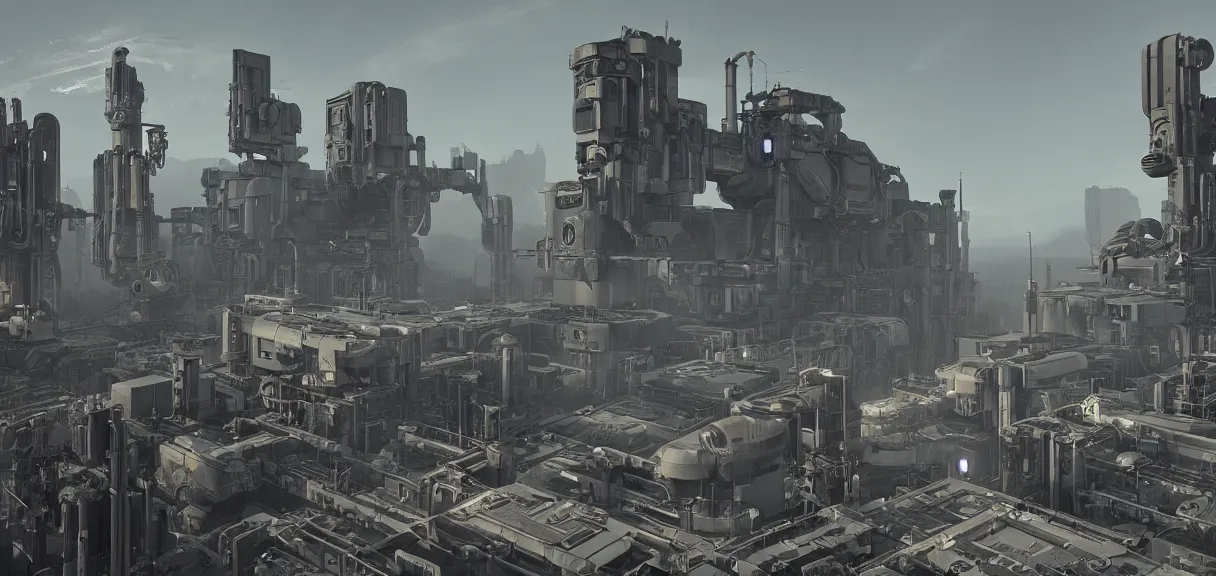 prompthunt: a minimalist scifi brutalist maschinen krieger robot factory at  the golden hour with columns of steam, ilm, beeple, star citizen halo, mass  effect, bladerunner, elysium