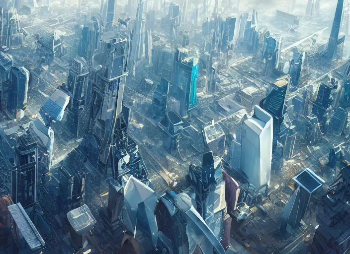 Prompt: painting of a tall futuristic city from above the clouds, intricate abstract. delicate artwork. by Tooth Wu, wlop, beeple, dan mumford. octane render, trending on artstation, greg rutkowski very coherent symmetrical artwork. cinematic, hyper realism, high detail, octane render, 8k, depth of field, bokeh. chrome accents.