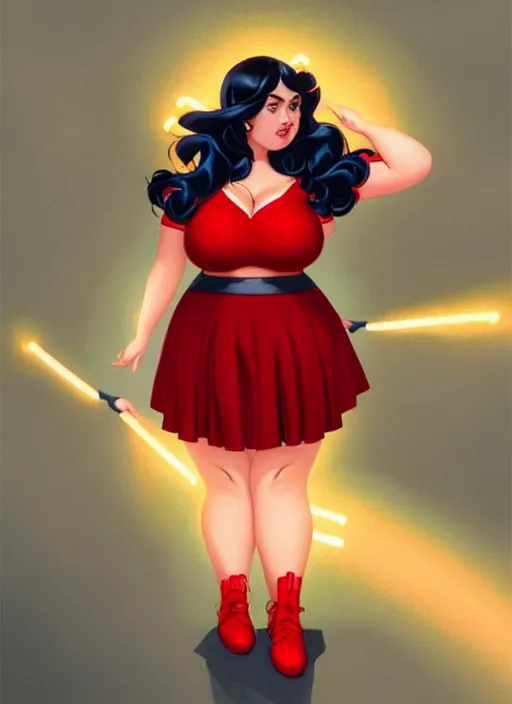 Image similar to full body portrait of teenage veronica lodge, obese, bangs, sultry, realistic, sultry smirk, wavy hair, red skirt, fat, belly, intricate, elegant, glowing lights, highly detailed, digital painting, artstation, concept art, smooth, sharp focus, illustration, art by wlop, mars ravelo and greg rutkowski