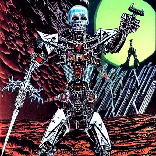 Prompt: cyborg undead Warrior, dark metal pyramids in the background, art by Philippe Druillet