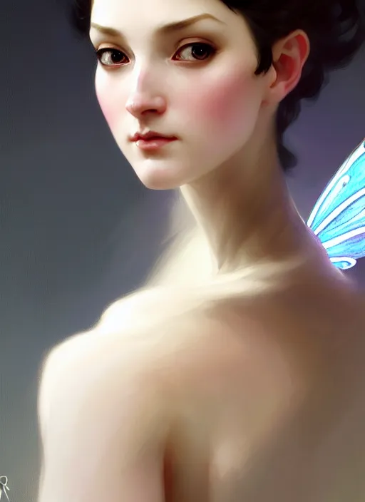 Prompt: character concept portrait of a fairy with pointy ears and an elegant gown, pale face, intricate, elegant, digital painting, concept art, smooth, sharp focus, illustration, from Metal Gear, by Ruan Jia and Mandy Jurgens and William-Adolphe Bouguereau, Artgerm