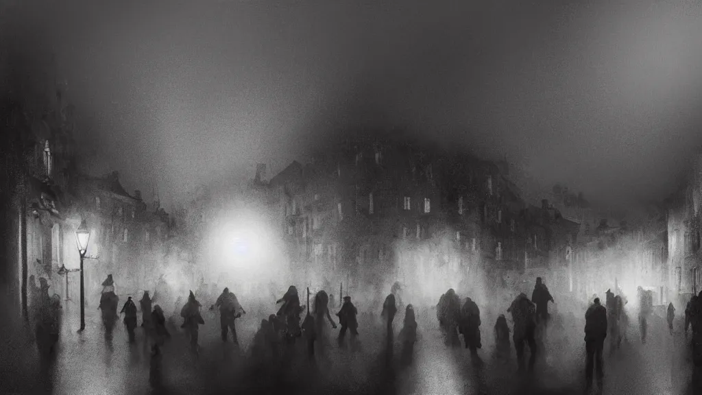 Image similar to a large black sphere with glowing edges over a crowd of people on street of the old town with houses in the windows of which the light is on. early morning, fog on ground, wet street. mike barr painting. volumetric light, dull colors, dark, noir arthouse, 3 5 mm, hight detalied, hd, 4 k