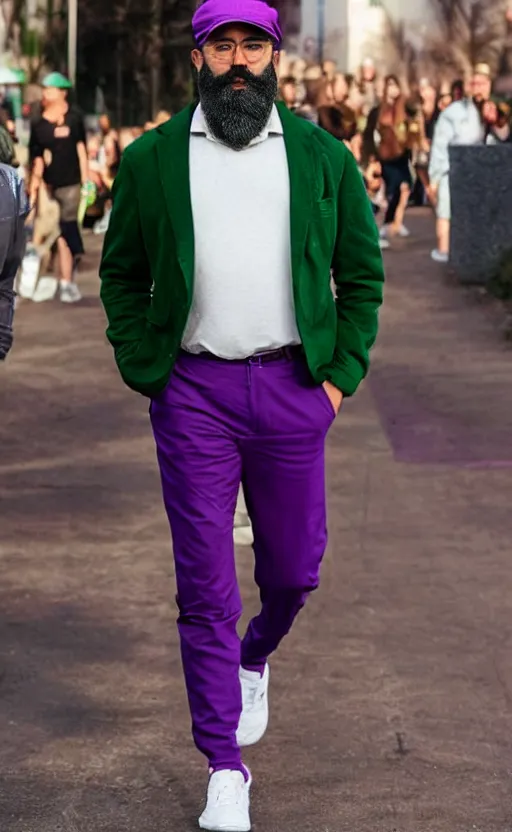 Prompt: a man with a chin - style brown beard without mustache in a black hat, green jacket, purple pants and white sneakers in full height, perfect face