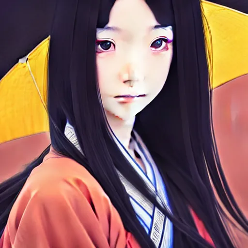 Image similar to beautiful girl with long black hair, wearing a kimono, japanese street, daytime, sharp focus, intricate, digital painting, artstation, official media, anime key visual, highly detailed, rich vivid colors, ambient lighting, illustration, art by Artgerm, Makoto Shinkai, Ilya Kuvshinov, Lois Van Baarle, and Rossdraws