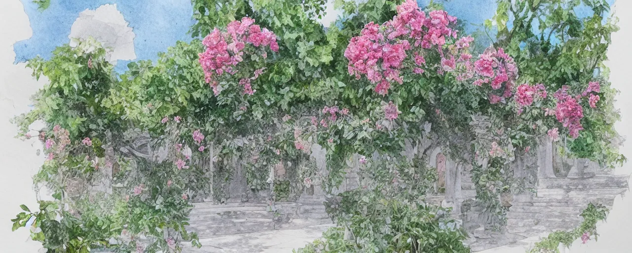 Prompt: delicate marble in a botanic garden, stony, puffy clouds, botanical herbarium paper, watercolor colored painting and pencil, iridescent colors, 8 k, realistic shaded, fine details, artstation, italian, colonnade, vines, flowers, gardena architecture, pompeii