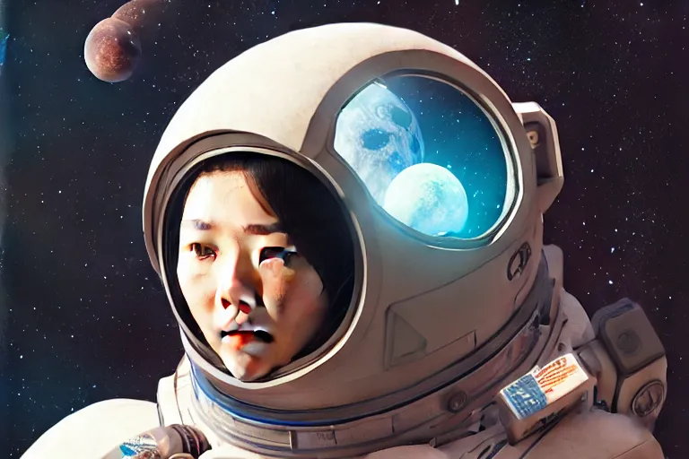 Image similar to portrait of lee chae - rin in a spacesuit frowning, moon base with earth in the night sky, artgerm, ilya kuvshinov, krenz cushart, ruan jia, realism, ultra detailed, 8 k resolution