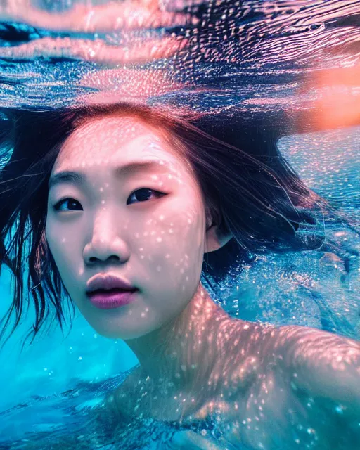 Prompt: portrait of asian woman underwater during sunrise, sunrays, aquaman aesthetic, caustics, rippling water, photoshoot, flowing hair, elegant, iconic, fine-art, masterpiece, cinematic, trending on artstation