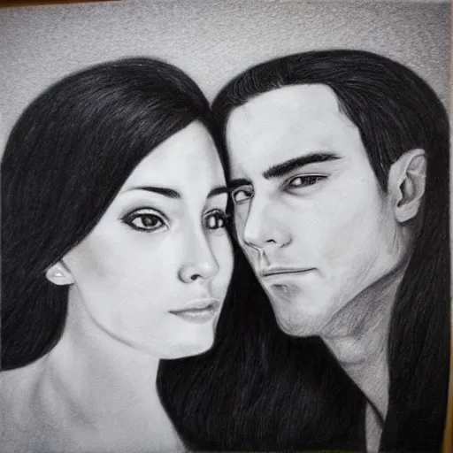 Image similar to pencil art. good looking man and beautiful woman in love. self portrait.