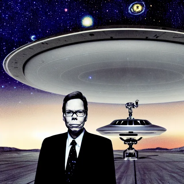 Image similar to a photo of bob lazar standing in area 5 1, alien spaceship and flying saucers inside hangar with open doors in background, starry night sky, cinematic lighting, detailed symmetrical face, photorealistic, highly detailed