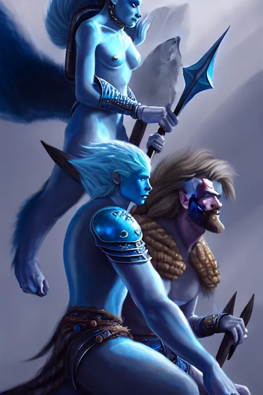 Image similar to a small blue-skinned triton girl wearing scale armor riding on a the shoulders of a large male goliath wearing fur and leather armor, dnd concept art, painting by ross tran and Tyler Jacobson