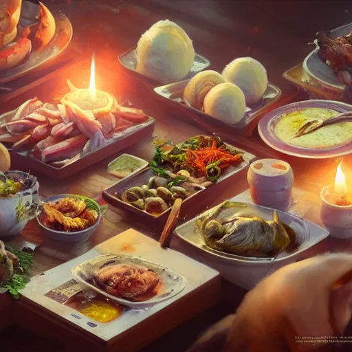 Prompt: A close up shot of a table-spread of amazing food hot and fresh and steaming, ultra high detailed, oil painting, Greg Rutkowski, Charlie Bowater, Yuumei, Yanjun Cheng, unreal 5, DAZ, hyperrealistic, octane render, RPG portrait, dynamic lighting, fantasy art, beautiful