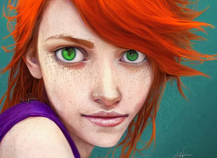 Prompt: portrait of a beautiful smiling girl with orange hair and freckles, green eyes, highly detailed, digital painting, concept art, smooth, sharp, focus, background is purple, trending on deviantart, by Jacqueline E