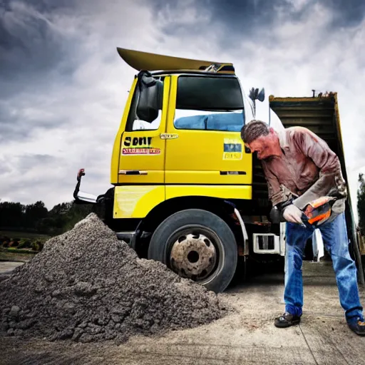 Prompt: realistic cement truck driver eating a bowl of wet cement, magazine photo