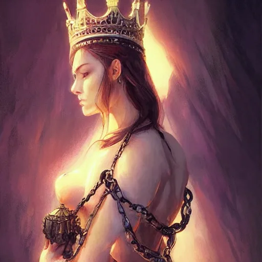 Prompt: a queen is chained to her throne, beautiful highly detailed face, complementary lighting, backlit, black eyeshadow, grinning, adventure, dramatic lighting, landscape background, beautiful painting by artgerm and greg rutkowski and raymond swanland