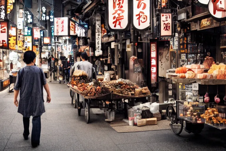 Image similar to cinematography of a Kyoto street vendor by Emmanuel Lubezki