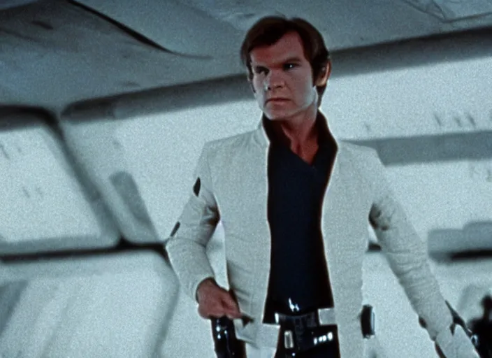 Prompt: screenshot of Han Solo dressed up as an imperial officer, iconic scene from 1970s spy thriller film directed by Stanley Kubrick, in a sci-fi shipping port, last jedi, 4k HD, cinematic lighting, beautiful portraits, moody, stunning cinematography, anamorphic lenses, kodak color film stock