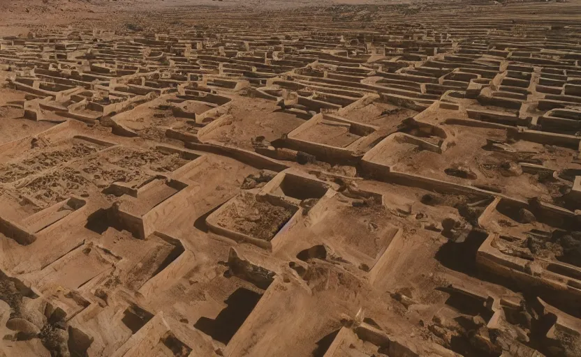 Image similar to high quality 2000s historic footage of a labyrinth in the desert with giant marble walls, color aerial photo drone, Cinestill 800t, heavy grainy picture, very detailed, high quality, 4k panoramic