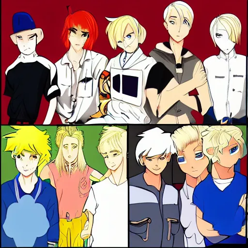 Image similar to the dumbest boy in history, blond boy, 2 0 0 0 s cartoon, sharp edges cartoon, goofy cartoon, unfitting anime girl meets the boy, anime girl and cartoon boy, western artstyle and eastern artstyle clashing badly