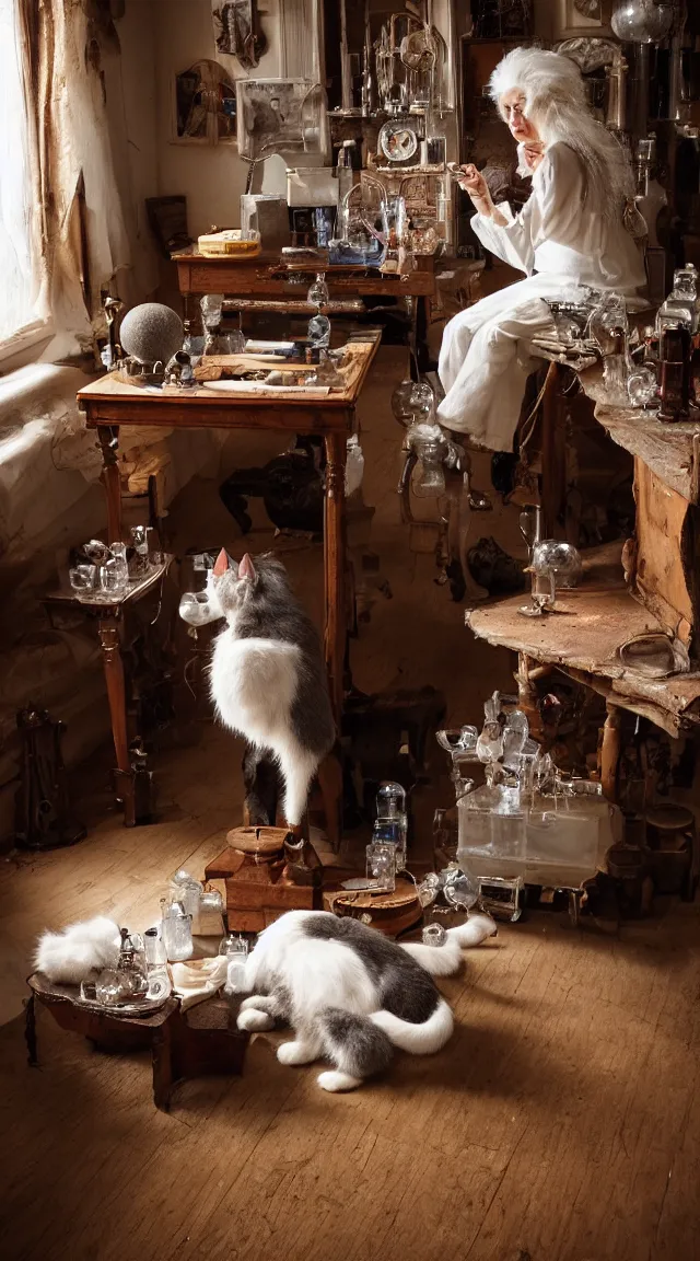 Image similar to full body protrait beautifull witch with white hair in old room. A cristal ball on a wood table with a potions and old instruments. A cat on the floor licking his paw. photorealistic, profesional photo, by Steve McCurry