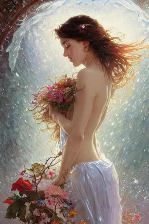 Prompt: portrait of a beautiful woman wearing a white dress, holding a bouquet of flowing flowers, drenched body, wet dripping hair, emerging from the water, fantasy, regal, fractal crystal, fractal gems, by stanley artgerm lau, greg rutkowski, thomas kindkade, alphonse mucha, loish, norman rockwell