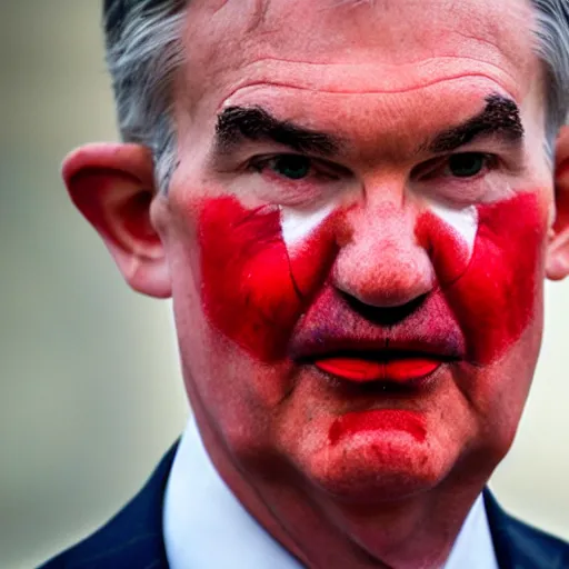 Image similar to Jerome Powell with colorful clown makeup all over his face