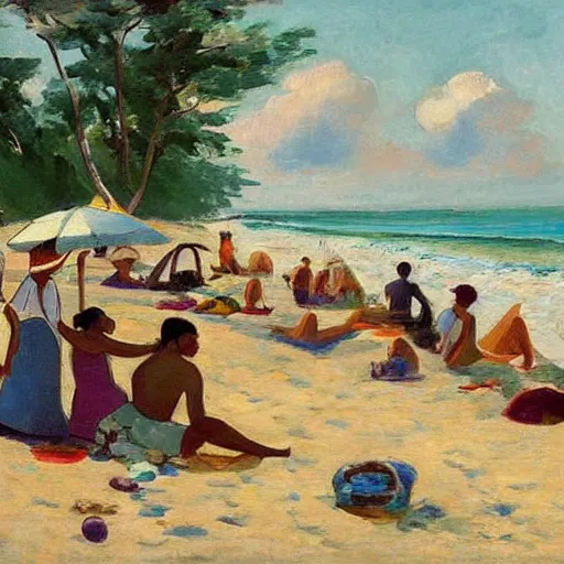 Image similar to A beautiful computer art of a group of people on a beach. The colors are muted and the overall tone is serene. The people are all engaged in different activities, from reading to playing games, and the artwork seems to be capturing a moment of peace and relaxation. by Max Pechstein beautiful