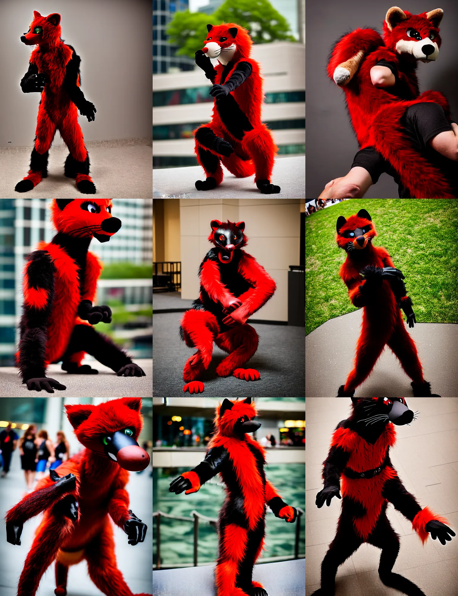 Image similar to fullbody photoshoot photo portrait of a roguish male red - black furred weasel furry fursuiter ( tail attached ), taken at anthrocon ( furry convention )