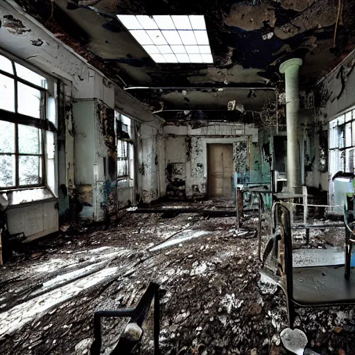 Prompt: 32mm photo of the interior a long abandoned lab, overgrown and equipment can be seen rusted with time, the memories of scientists can still be seen trying to find a cure shot on 35mm film