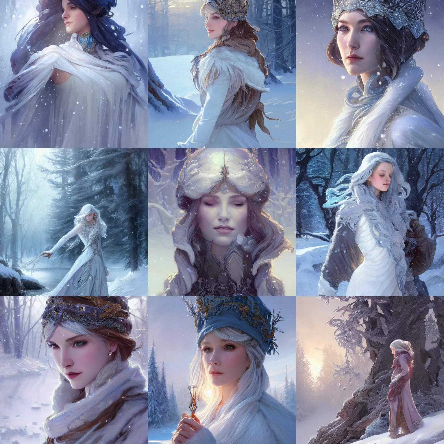 Prompt: painting of a winter landscape, ice queen, intricate, fantasy, highly detailed, digital painting, artstation, concept art, sharp focus, illustration, art by artgerm and greg rutkowski and alphonse mucha