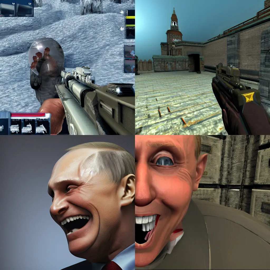 Prompt: screenshot first person shooter Vladimir Putin grinning sharp teeth