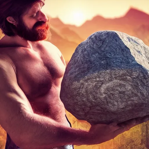 Image similar to a man holding a boulder over his head, backlit, fantasy art, bulging veins, long beard, red hair, mountains in the background