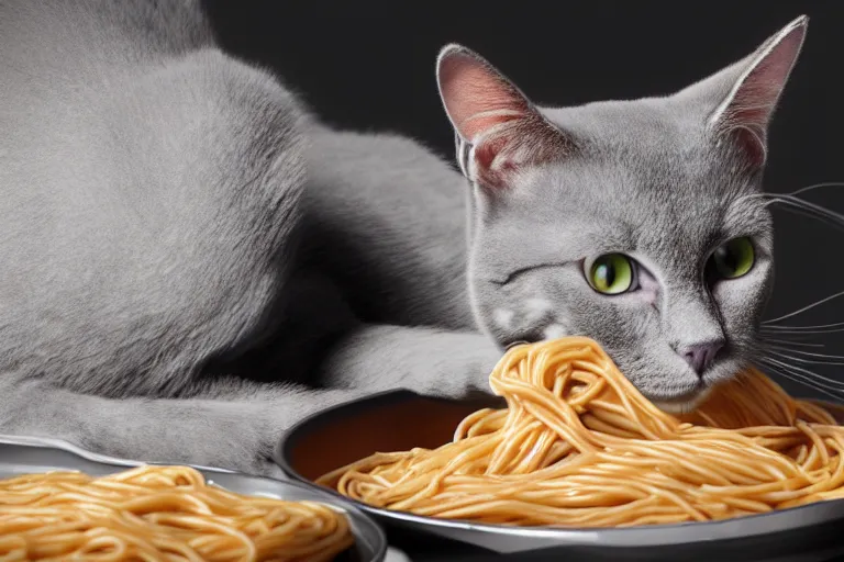 Prompt: Gray Cat eating spaghetti octane render extreme detail cinematic lighting 8k award winning beautiful