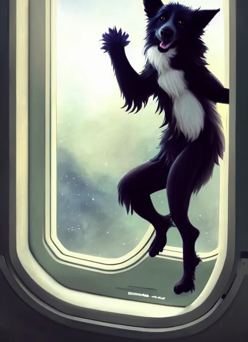 Prompt: wide angle beautiful full body portrait of a cute male anthropomorphic border collie fursona wearing a starfleet uniform on a starship and posing in front of a window, character design by charlie bowater, henry asencio, and ross tran, furry art, furaffinity, scenic background, beautiful, glamor pose, detailed, trending on artstation