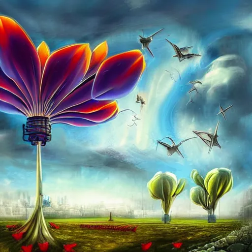 Image similar to flying tulip steam fortress, fantasy art, sky in the background, detailed, behrens style