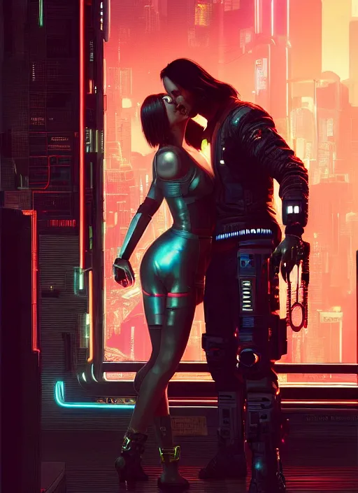 Image similar to a cyberpunk 2077 couple portrait of Keanu Reeves & female android in final kiss,love,film lighting,by Laurie Greasley,Lawrence Alma-Tadema,Dan Mumford,artstation,deviantart,FAN ART,full of color,Digital painting,face enhance,highly detailed,8K,octane,golden ratio,cinematic lighting